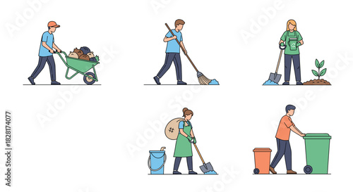 Set of six cartoon characters performing cleaning and environmental volunteering tasks like sweeping planting trees and taking out trash.