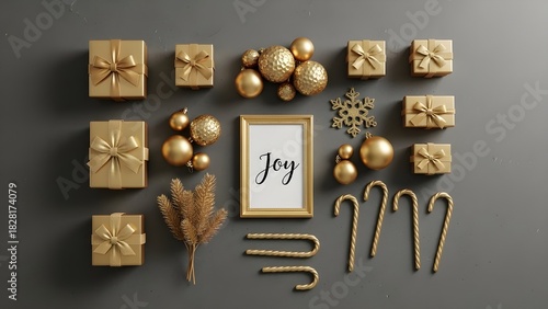 Elegant gold christmas arrangement on gray background flat lay