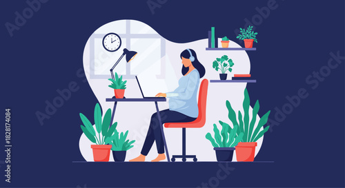 Pregnant woman with headphones sits at a desk working on a laptop in a cozy home office decorated with many green houseplants.