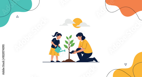 Mother and daughter plant a new tree together with the child watering the sapling in a lesson about nature and the environment.