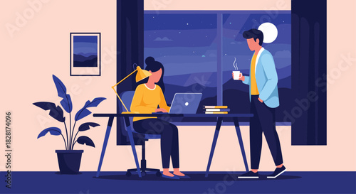 Man and woman work late at night in a home office with the woman on a laptop and the man bringing her a cup of coffee.