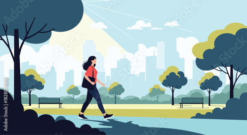 Young woman enjoys a refreshing walk through a beautiful city park on a sunny day with a modern skyline in the background.