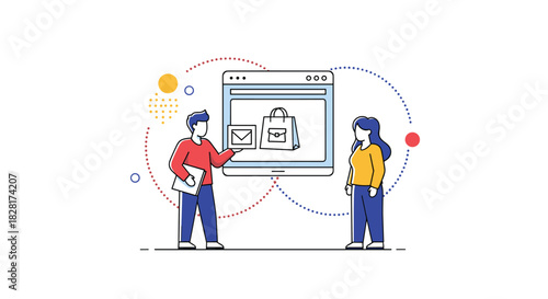Man presents a new e-commerce website concept with email marketing and online shopping features to a female colleague or client.