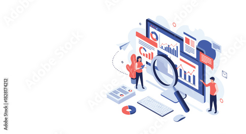 Business team analyzes complex data on a large dashboard with charts and graphs using a magnifying glass for deep insights.