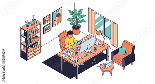 Isometric view of a man working efficiently from a modern and organized home office with a multi-monitor computer setup.