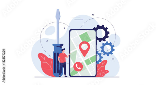 Man interacts with a large smartphone displaying a map and location pin for mobile GPS navigation and local service finding.