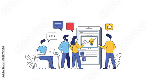 Creative business team collaborates on a new mobile application project analyzing data and brainstorming ideas for success.