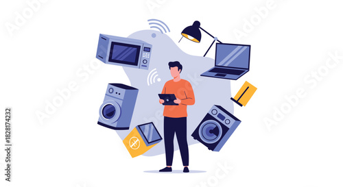 Man uses a tablet to control his smart home appliances through the internet of things technology for modern convenience.