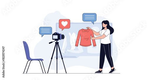 Female fashion vlogger records a product review video of a shirt for her social media channel to engage with her online audience.