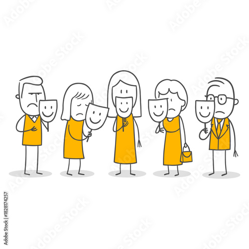 A Group Of Employees Hiding Their True Feelings And Playing Their Social Roles With Masks.