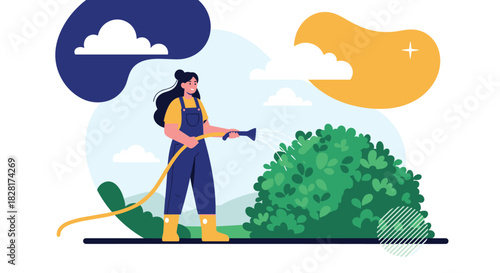 Cheerful woman in overalls and rubber boots waters a large green bush in her garden with a hose on a beautiful sunny day.