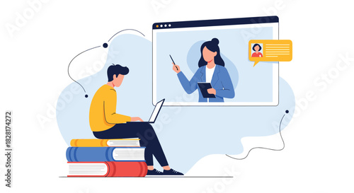 Male student sitting on a stack of books participates in an online class using a laptop for distance learning with a teacher.