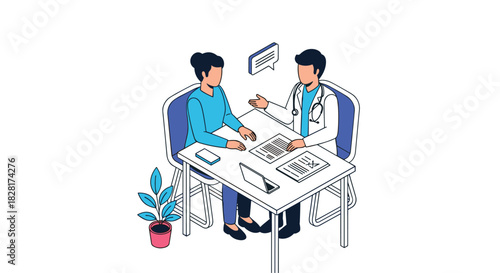 Isometric illustration of a male doctor providing a medical consultation to a female patient at his desk in a clinic office.