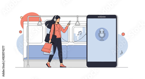 Young woman with shopping bags listens to a podcast on her smartphone with headphones while commuting on a subway or train.