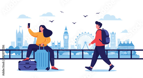Young tourist couple enjoys their vacation in London with the woman taking a selfie against the iconic city skyline with Big Ben.