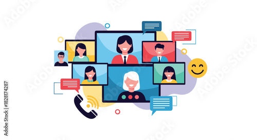 Diverse group of people connecting through a video conference call for a virtual meeting or online webinar from remote locations.