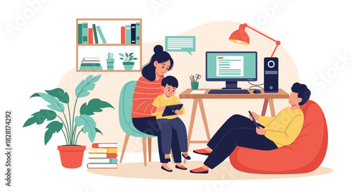 Modern family balances remote work and childcare at home with parents and child all using digital devices in the living room.