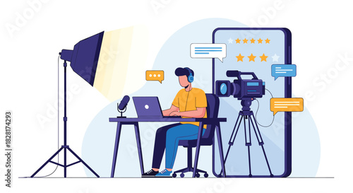 Male streamer or content creator records a video or live stream for an online review with professional lighting and equipment.