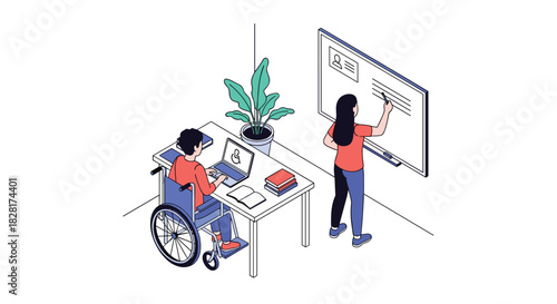 Inclusive education concept with a disabled student in a wheelchair using a laptop and a teacher writing on a whiteboard.