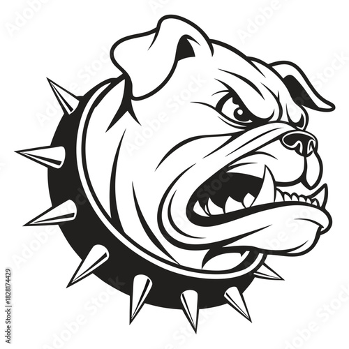 Stylized bulldog head with spiked collar and aggressive expression in black and white vector perfect for sports logos and branding