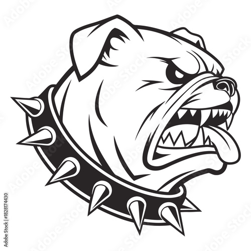 Stylized bulldog with spiked collar and fierce expression in black and white vector ideal for logos and digital branding