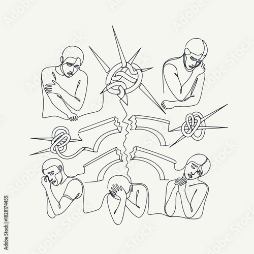 Conceptual abuse line drawing featuring broken bridge and sad figures. Creative abuse drawing emphasizes emotional toll of broken connection, representing turmoil and separation.