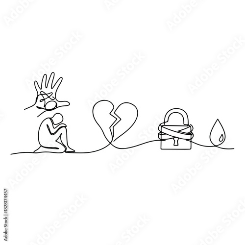 Line art depicting abuse, showing broken heart next to a person curled on floor, representing domestic abuse. Symbol of pain, protection, and recovery from abuse illustrated with line art.