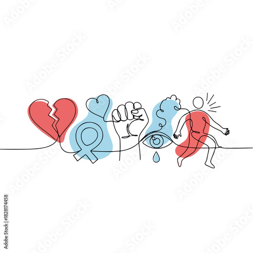 Illustration depicting abuse with broken heart and raised fist on white backdrop. Abuse is often a hidden crime, so here is abuse represented by a weeping eye.