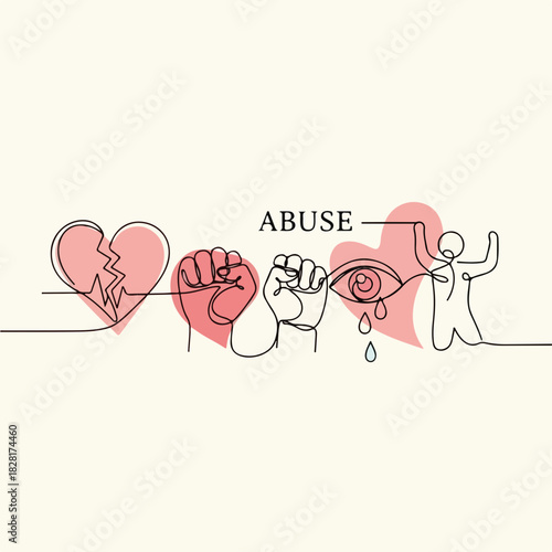 Abuse drawing shows line art with broken heart and fist, suggesting domestic violence. Continuous line art represents struggle against abuse, including crying eye.