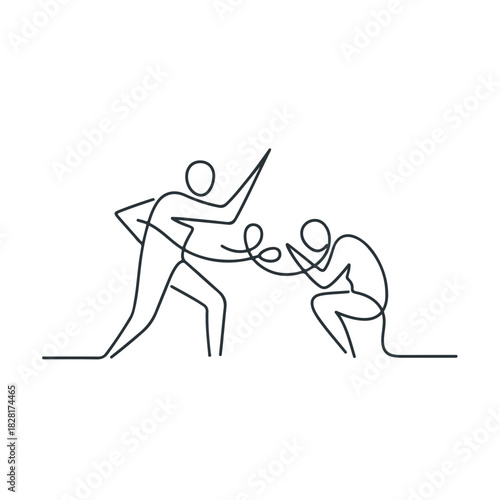 Illustration depicts abuse, a form of violence, with abstract figures showing conflict and distress. This single-line drawing captures essence of abuse and its painful impact.