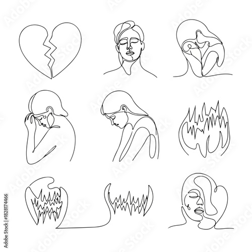 One line art depicting abuse, highlighting sorrow and despair in minimalist style. Abuse art includes broken heart and images of woman crying in pain, representing sadness.