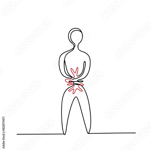 Showing abdominal pain with a continuous line drawing. Abdominal pain highlighted in red shows location of discomfort. Illustrative abdominal pain for medical explanation.