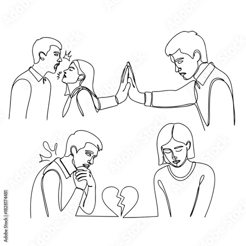 Abuse shown in one-line drawing illustrates conflict and emotional distress, depicting abusive behavior and relationship dynamics. Abuse is a social issue, often causing significant harm,