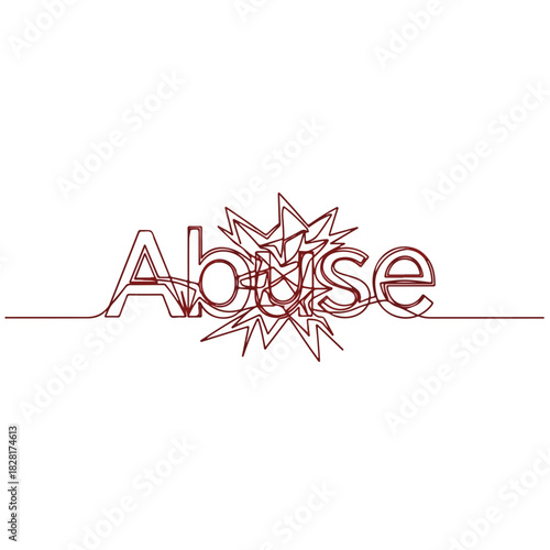 Abuse, one line lettering drawing of the word abuse depicts emotional distress. Continuous line art shows abuse and its effect on mental health.