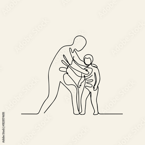 Conceptual abuse line drawing with parent comforting child, simple and delicate line art illustration. Abuse as a social problem and a form of violence shown in one line,