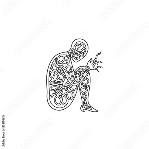Illustrated figure showing abuse with abstract patterns and an implied narrative. Abuse of power concept visualized with tangled lines suggesting confinement.
