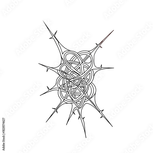 Abstract thorny form in black and white, tangled shape with sharp prongs suggesting discomfort. This thorny form repeats itself creating an intricate design. Concept thorny form represents pain,