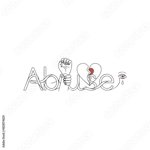 Conceptual image showing abuse, broken heart, and tearful eye on white background. Abuse concept includes raised fist, broken love, and eye drop. Symbolic image of abuse conveys deep emotional pain.