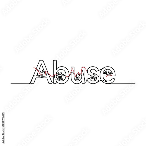Single line illustration of word abuse conveys a strong message. Continuous line illustration of word abuse , with a flat line running through.