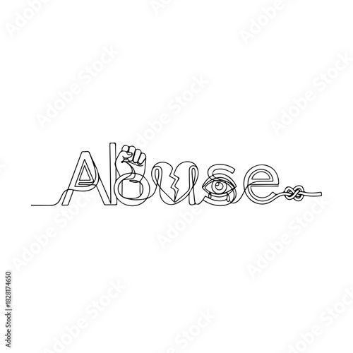 Single line drawing highlighting abuse, represented with a clenched fist, broken heart, and crying eye, illustrating emotional pain and conflict.