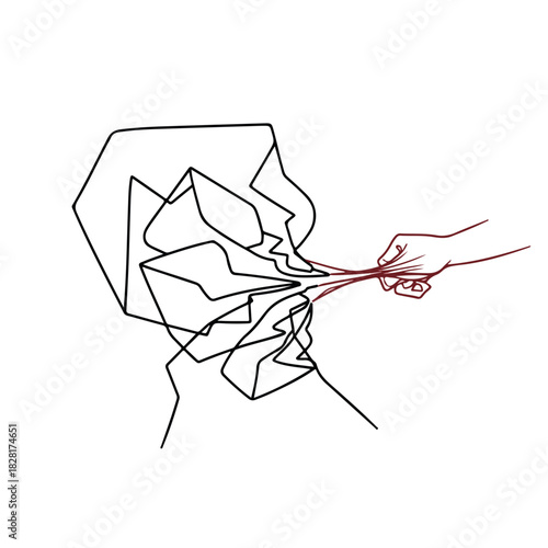 Linear drawing shows emotional abuse with a distressed figure and pulling hand, depicting abuse. Linear drawing illustrates inner turmoil and manipulation, portraying abuse and psychological distress.