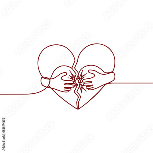 Continuous line drawing of broken heart with hands holding the pieces together, symbolizing healing and emotional recovery. Broken heart shows fragility, while hands represent care and support.