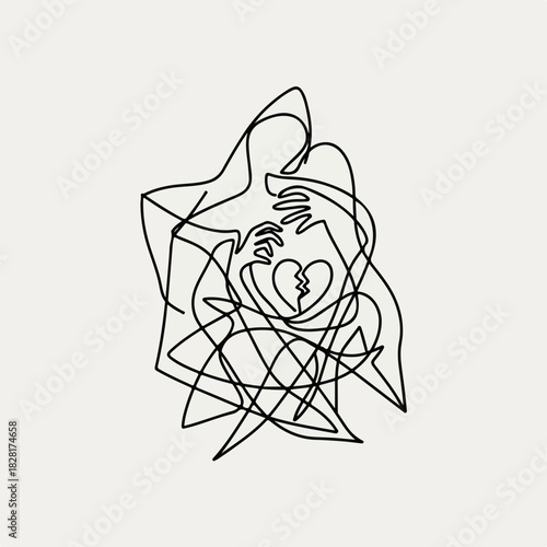 One line drawing shows abuse with broken heart, symbolizing emotional distress. Continuous line art illustrates abuse and its impact on mental health,