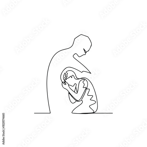 Continuous line drawing depicting abuse with one person consoling another, abuse shows sorrow and care. Abuse highlights empathy and support in mental health, showing pain and recovery.