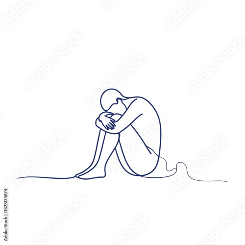 Minimalist line art depicting emotional abuse as sorrowful figure. Emotional abuse is shown as a person hugging their knees, with simple line drawing, sorrowful pose.