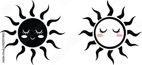 Cute Sun Face Silhouette and Outline Illustration with Eyelashes Vector