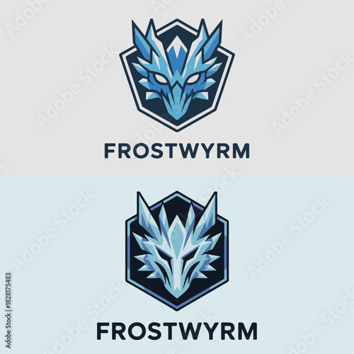 Frostwyrm icy dragon head crest with crystal spikes and arctic blue tones, fierce fantasy mascot emblem, modern esports vector logo set for teams and branding