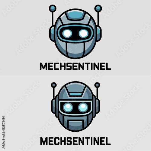 Mechsentinel robot head emblem with glowing visor and antennae, futuristic guardian mascot crest, cyber tech vector logo set for gaming teams and branding