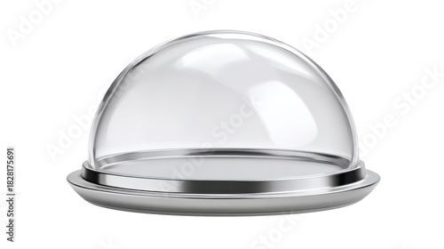 Clear glass dome cloche on a sleek silver serving tray, creating an elegant display case for presenting various items, emphasizing isolation and a refined product showcase, png