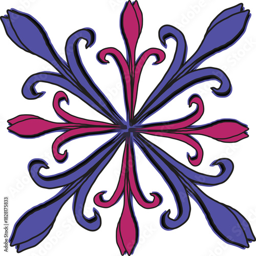 Symmetrical floral motif composed of eight stylized petals or leaves arranged in a radial pattern, alternating in magenta and blue.